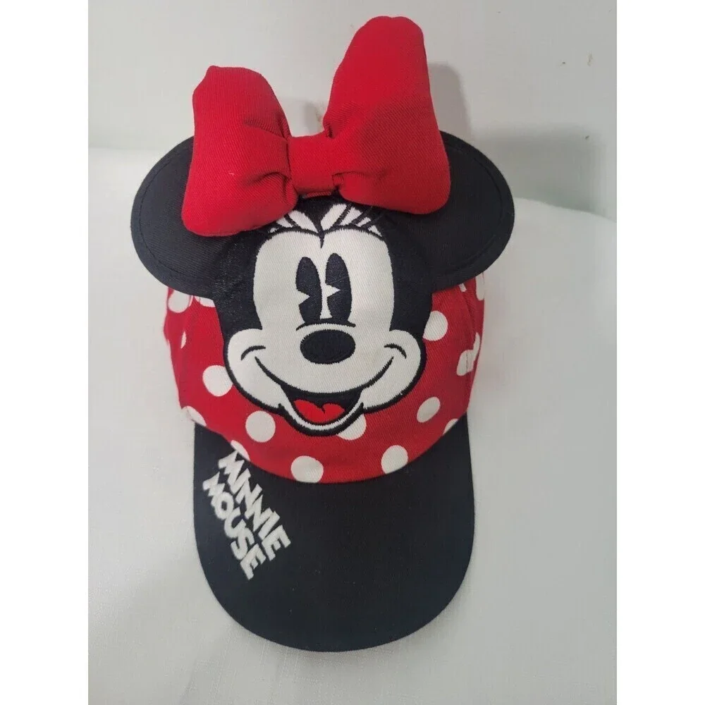 Disney Girls Hat Minnie Mouse  Ears Red Bow Embroidered Logo Black Polka Dots